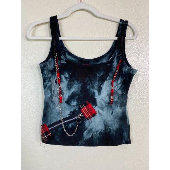 Soye Tie Dye Tank Top Size Medium Red Plaid Chain Accents Grunge Goth Punk Emo - Picture 16 of 16